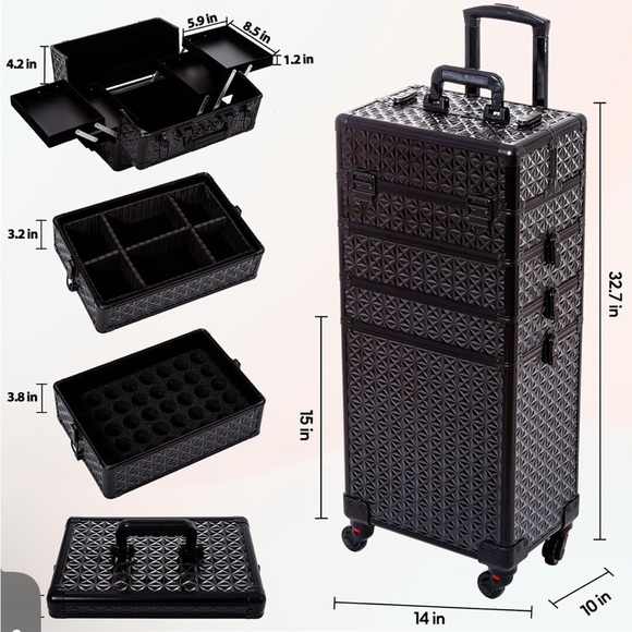 5 in 1 Professional Makeup Train Case Aluminum Cosmetic Case Rolling Makeup Case - Picture 2 of 9